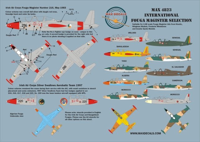 Max4823 International Fouga Magister Selection 1/48 Scale Decal Sheet Instructions