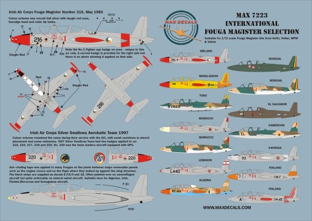 Max7223 International Fouga Magister Selection 1/72 Scale Decal Sheet Instructions