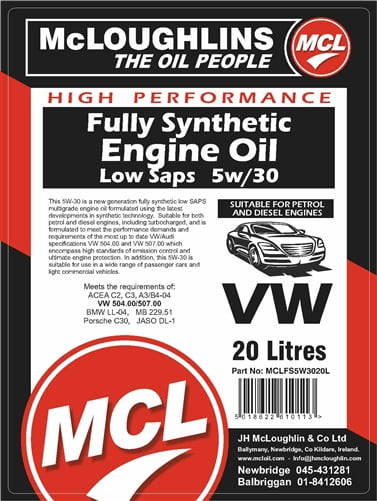 Fully Synthetic 5W30 Engine Oil VW504-507 C3 Spec 20Lt Drum