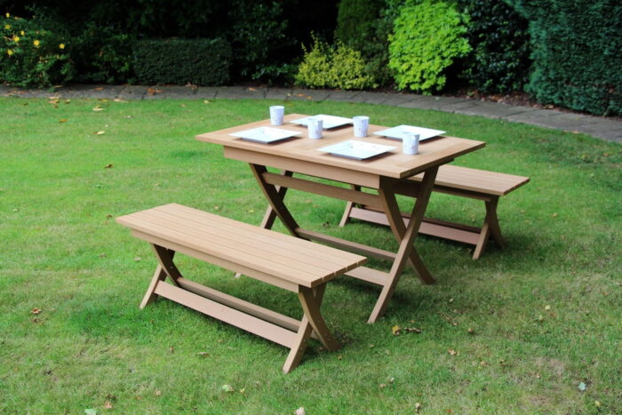 Castlebay Winawood Dining Set Teak Color Table + 2 Benches.