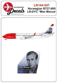 Boeing B737-800 (Norwegian LN-DYC 'Max Manus' tail) 1/144 Scale Decals